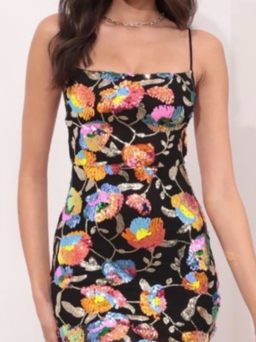 Lucy in the Sky Black Sequin Colorful Floral Skirt Open Back